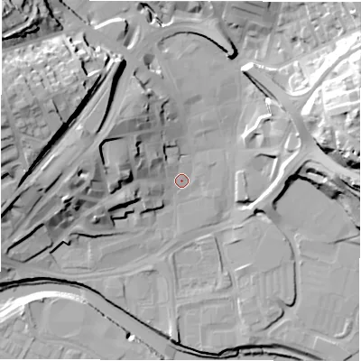 Shaded relief map of the ground around WF131BL, computed from Environment Agency LiDAR. The ground here sits at about 39 m above sea level and falls 41 m across the surrounding 800 m. Surface water reaching this point runs off ground lying to the west-north-west, 16.5 m higher.