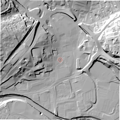 Shaded relief map of the ground around WF131BW, computed from Environment Agency LiDAR. The ground here sits at about 38 m above sea level and falls 42 m across the surrounding 800 m. Surface water reaching this point runs off ground lying to the west-north-west, 16.7 m higher.