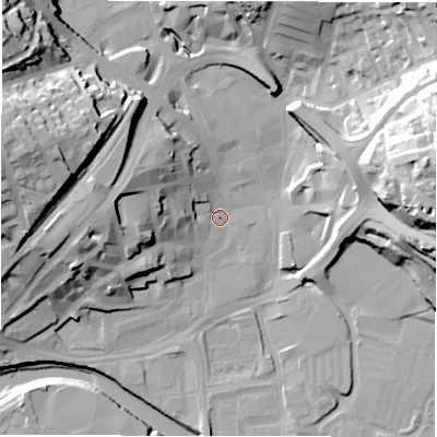 Shaded relief map of the ground around WF131DD, computed from Environment Agency LiDAR. The ground here sits at about 38 m above sea level and falls 41 m across the surrounding 800 m. Surface water reaching this point runs off ground lying to the west, 16.8 m higher.