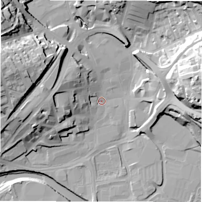 Shaded relief map of the ground around WF131DF, computed from Environment Agency LiDAR. The ground here sits at about 38 m above sea level and falls 41 m across the surrounding 800 m. Surface water reaching this point runs off ground lying to the west, 16.8 m higher.