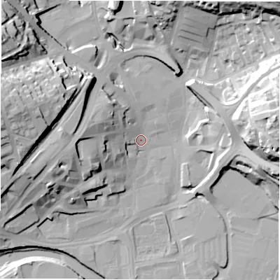 Shaded relief map of the ground around WF131DH, computed from Environment Agency LiDAR. The ground here sits at about 39 m above sea level and falls 44 m across the surrounding 800 m. Surface water reaching this point runs off ground lying to the west, 17.8 m higher.
