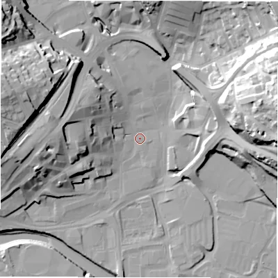 Shaded relief map of the ground around WF131DL, computed from Environment Agency LiDAR. The ground here sits at about 38 m above sea level and falls 47 m across the surrounding 800 m. Surface water reaching this point runs off ground lying to the west, 17.1 m higher.