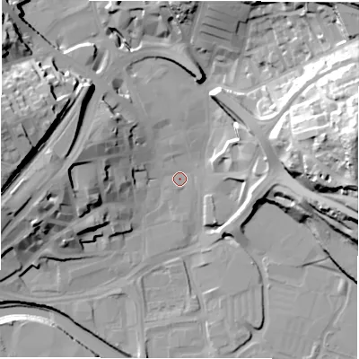 Shaded relief map of the ground around WF131DN, computed from Environment Agency LiDAR. The ground here sits at about 38 m above sea level and falls 53 m across the surrounding 800 m. Surface water reaching this point runs off ground lying to the west, 18.5 m higher.