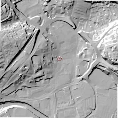 Shaded relief map of the ground around WF131DQ, computed from Environment Agency LiDAR. The ground here sits at about 39 m above sea level and falls 40 m across the surrounding 800 m. Surface water reaching this point runs off ground lying to the west, 15.5 m higher.