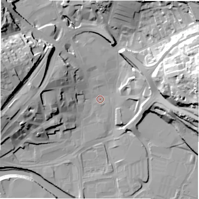 Shaded relief map of the ground around WF131DW, computed from Environment Agency LiDAR. The ground here sits at about 38 m above sea level and falls 52 m across the surrounding 800 m. Surface water reaching this point runs off ground lying to the west, 18.5 m higher.
