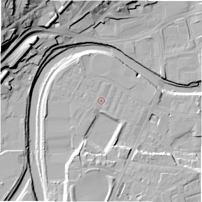 Shaded relief map of the ground around WF131EH, computed from Environment Agency LiDAR. The ground here sits at about 38 m above sea level and falls 42 m across the surrounding 800 m. Surface water reaching this point runs off ground lying to the south-south-west, 11.2 m higher.