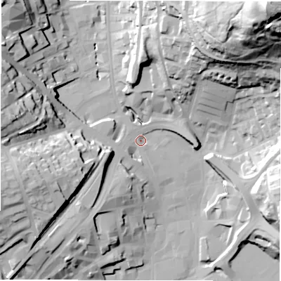 Shaded relief map of the ground around WF131EL, computed from Environment Agency LiDAR. The ground here sits at about 41 m above sea level and falls 91 m across the surrounding 800 m. Surface water reaching this point runs off ground lying to the west-south-west, 14.2 m higher.
