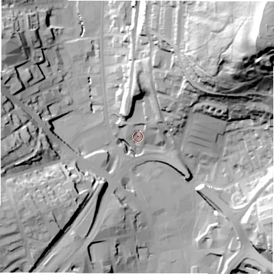 Shaded relief map of the ground around WF131EN, computed from Environment Agency LiDAR. The ground here sits at about 44 m above sea level and falls 91 m across the surrounding 800 m. Surface water reaching this point runs off ground lying to the north-east, 7.6 m higher.