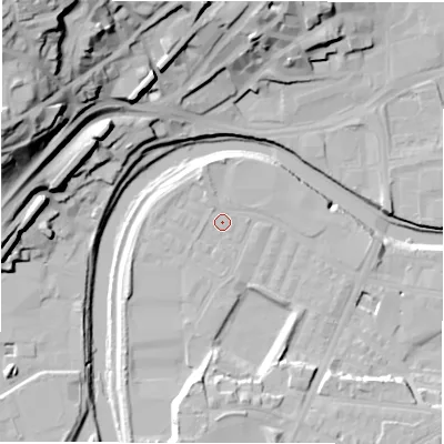 Shaded relief map of the ground around WF131FF, computed from Environment Agency LiDAR. The ground here sits at about 38 m above sea level and falls 48 m across the surrounding 800 m. Surface water reaching this point runs off ground lying to the south-south-west, 9.6 m higher.