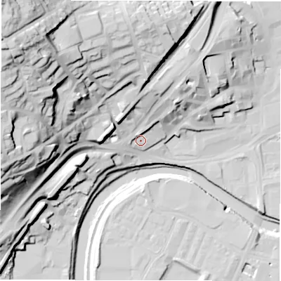 Shaded relief map of the ground around WF131HN, computed from Environment Agency LiDAR. The ground here sits at about 42 m above sea level and falls 61 m across the surrounding 800 m. Surface water reaching this point runs off ground lying to the north-north-west, 25.1 m higher.