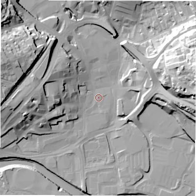 Shaded relief map of the ground around WF131JF, computed from Environment Agency LiDAR. The ground here sits at about 38 m above sea level and falls 48 m across the surrounding 800 m. Surface water reaching this point runs off ground lying to the west, 16.8 m higher.