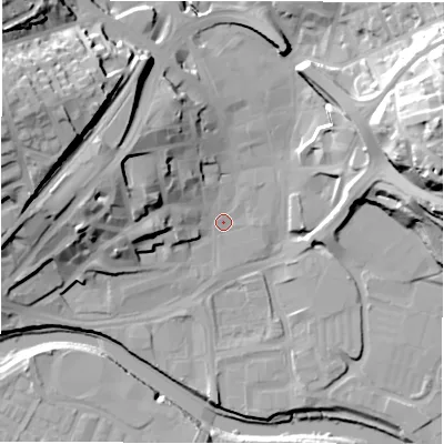 Shaded relief map of the ground around WF131JH, computed from Environment Agency LiDAR. The ground here sits at about 39 m above sea level and falls 41 m across the surrounding 800 m. Surface water reaching this point runs off ground lying to the west-north-west, 16.3 m higher.