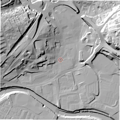 Shaded relief map of the ground around WF131JJ, computed from Environment Agency LiDAR. The ground here sits at about 39 m above sea level and falls 41 m across the surrounding 800 m. Surface water reaching this point runs off ground lying to the west-north-west, 16.1 m higher.