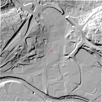 Shaded relief map of the ground around WF131JQ, computed from Environment Agency LiDAR. The ground here sits at about 38 m above sea level and falls 44 m across the surrounding 800 m. Surface water reaching this point runs off ground lying to the west-north-west, 16.5 m higher.