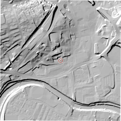 Shaded relief map of the ground around WF131JS, computed from Environment Agency LiDAR. The ground here sits at about 39 m above sea level and falls 39 m across the surrounding 800 m. Surface water reaching this point runs off ground lying to the north-north-west, 8.4 m higher.