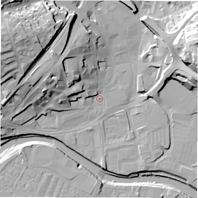 Shaded relief map of the ground around WF131JU, computed from Environment Agency LiDAR. The ground here sits at about 38 m above sea level and falls 37 m across the surrounding 800 m. Surface water reaching this point runs off ground lying to the west-north-west, 9.4 m higher.