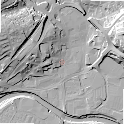 Shaded relief map of the ground around WF131LB, computed from Environment Agency LiDAR. The ground here sits at about 39 m above sea level and falls 38 m across the surrounding 800 m. Surface water reaching this point runs off ground lying to the west-north-west, 15.9 m higher.