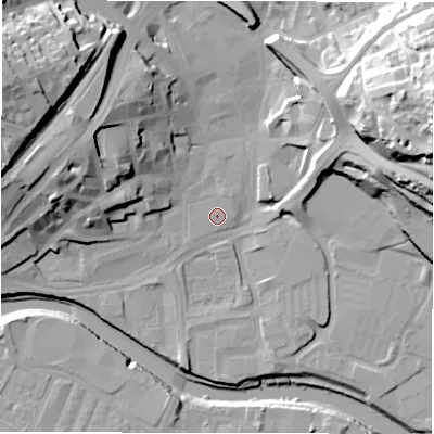 Shaded relief map of the ground around WF131NH, computed from Environment Agency LiDAR. The ground here sits at about 38 m above sea level and falls 50 m across the surrounding 800 m. The ground contributing surface water to this point lies to the north-north-east.