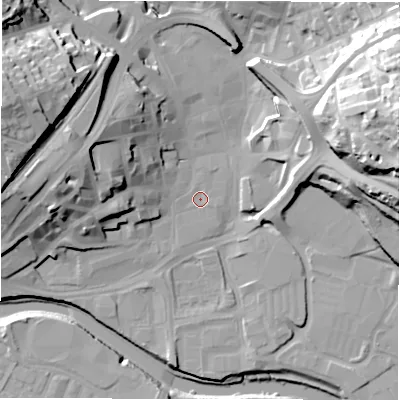 Shaded relief map of the ground around WF131NL, computed from Environment Agency LiDAR. The ground here sits at about 38 m above sea level and falls 48 m across the surrounding 800 m. Surface water reaching this point runs off ground lying to the west, 1.4 m higher.