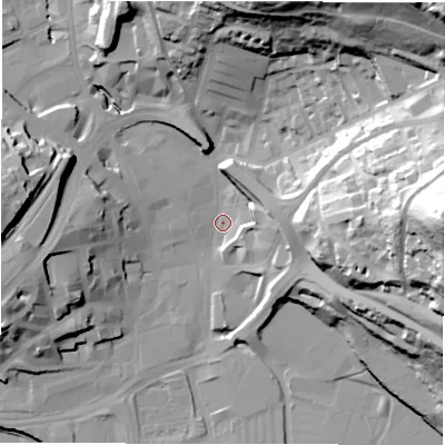 Shaded relief map of the ground around WF131PT, computed from Environment Agency LiDAR. The ground here sits at about 38 m above sea level and falls 78 m across the surrounding 800 m. Surface water reaching this point runs off ground lying to the east, 72.3 m higher.