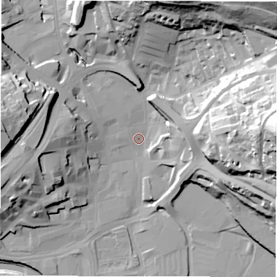 Shaded relief map of the ground around WF131PU, computed from Environment Agency LiDAR. The ground here sits at about 39 m above sea level and falls 65 m across the surrounding 800 m. Surface water reaching this point runs off ground lying to the east, 59.0 m higher.