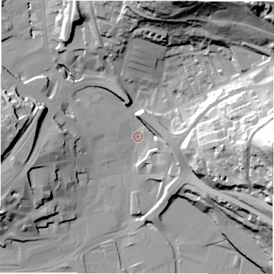 Shaded relief map of the ground around WF131QD, computed from Environment Agency LiDAR. The ground here sits at about 38 m above sea level and falls 75 m across the surrounding 800 m. Surface water reaching this point runs off ground lying to the east, 71.8 m higher.