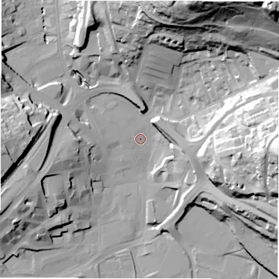 Shaded relief map of the ground around WF131QE, computed from Environment Agency LiDAR. The ground here sits at about 39 m above sea level and falls 72 m across the surrounding 800 m. Surface water reaching this point runs off ground lying to the north-east, 69.9 m higher.