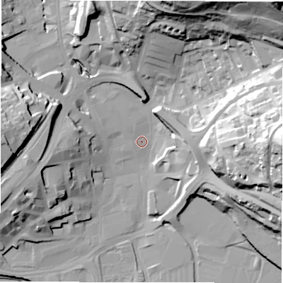 Shaded relief map of the ground around WF131QG, computed from Environment Agency LiDAR. The ground here sits at about 39 m above sea level and falls 70 m across the surrounding 800 m. Surface water reaching this point runs off ground lying to the north-west, 4.3 m higher.