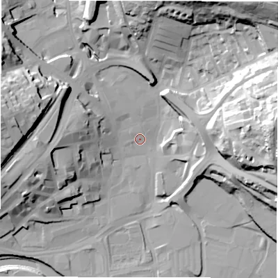 Shaded relief map of the ground around WF131QH, computed from Environment Agency LiDAR. The ground here sits at about 39 m above sea level and falls 54 m across the surrounding 800 m. Surface water reaching this point runs off ground lying to the north-north-west, 1.9 m higher.