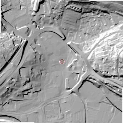 Shaded relief map of the ground around WF131QQ, computed from Environment Agency LiDAR. The ground here sits at about 39 m above sea level and falls 60 m across the surrounding 800 m. Surface water reaching this point runs off ground lying to the north-west, 1.2 m higher.