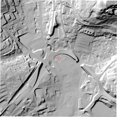 Shaded relief map of the ground around WF131QX, computed from Environment Agency LiDAR. The ground here sits at about 40 m above sea level and falls 92 m across the surrounding 800 m. Surface water reaching this point runs off ground lying to the north-east, 88.7 m higher.