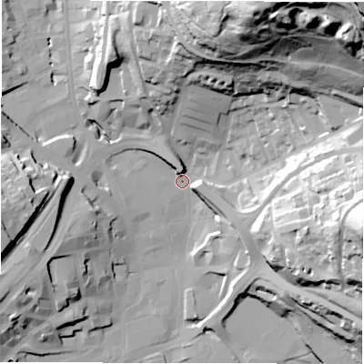 Shaded relief map of the ground around WF131QY, computed from Environment Agency LiDAR. The ground here sits at about 39 m above sea level and falls 89 m across the surrounding 800 m. Surface water reaching this point runs off ground lying to the north-east, 86.9 m higher.