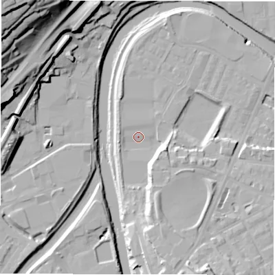 Shaded relief map of the ground around WF131XH, computed from Environment Agency LiDAR. The ground here sits at about 37 m above sea level and falls 48 m across the surrounding 800 m. Surface water reaching this point runs off ground lying to the south-south-east, 11.6 m higher.