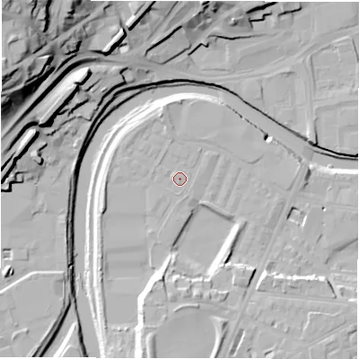 Shaded relief map of the ground around WF131XL, computed from Environment Agency LiDAR. The ground here sits at about 38 m above sea level and falls 46 m across the surrounding 800 m. Surface water reaching this point runs off ground lying to the south, 11.2 m higher.