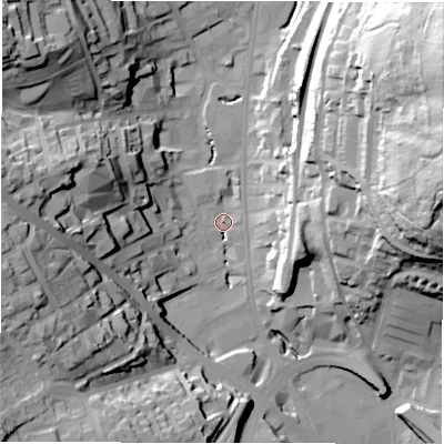 Shaded relief map of the ground around WF132AB, computed from Environment Agency LiDAR. The ground here sits at about 43 m above sea level and falls 69 m across the surrounding 800 m. Surface water reaching this point runs off ground lying to the north-east, 66.8 m higher.