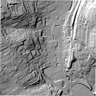 Shaded relief map of the ground around WF132AD, computed from Environment Agency LiDAR. The ground here sits at about 44 m above sea level and falls 59 m across the surrounding 800 m. Surface water reaching this point runs off ground lying to the west, 42.5 m higher.