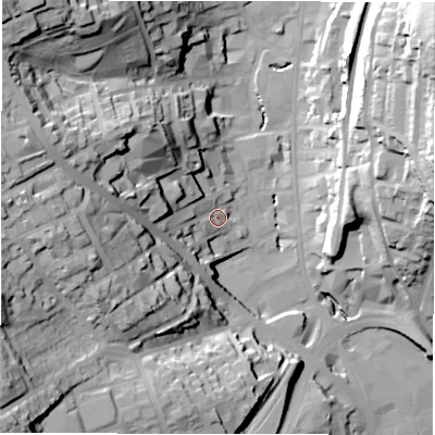 Shaded relief map of the ground around WF132AJ, computed from Environment Agency LiDAR. The ground here sits at about 48 m above sea level and falls 54 m across the surrounding 800 m. Surface water reaching this point runs off ground lying to the west, 25.0 m higher.