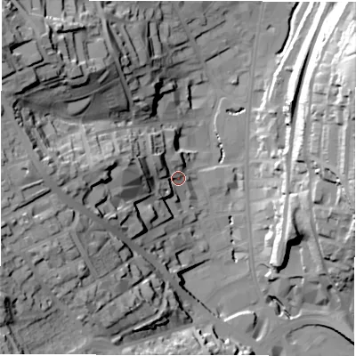 Shaded relief map of the ground around WF132AT, computed from Environment Agency LiDAR. The ground here sits at about 49 m above sea level and falls 57 m across the surrounding 800 m. Surface water reaching this point runs off ground lying to the west-north-west, 26.0 m higher.