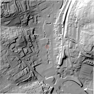 Shaded relief map of the ground around WF132AZ, computed from Environment Agency LiDAR. The ground here sits at about 43 m above sea level and falls 69 m across the surrounding 800 m. Surface water reaching this point runs off ground lying to the north-east, 66.4 m higher.