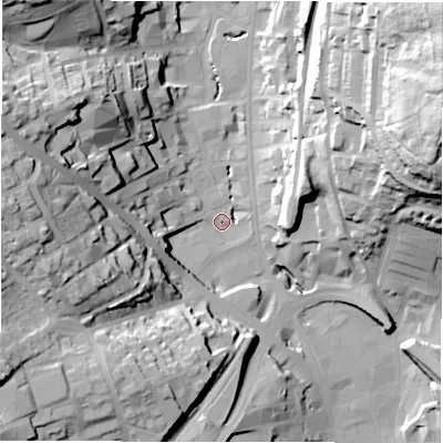 Shaded relief map of the ground around WF132BD, computed from Environment Agency LiDAR. The ground here sits at about 43 m above sea level and falls 67 m across the surrounding 800 m. Surface water reaching this point runs off ground lying to the west, 21.5 m higher.