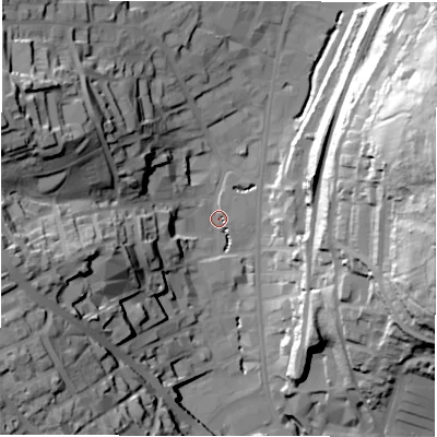 Shaded relief map of the ground around WF132BE, computed from Environment Agency LiDAR. The ground here sits at about 44 m above sea level and falls 63 m across the surrounding 800 m. Surface water reaching this point runs off ground lying to the west-north-west, 46.8 m higher.
