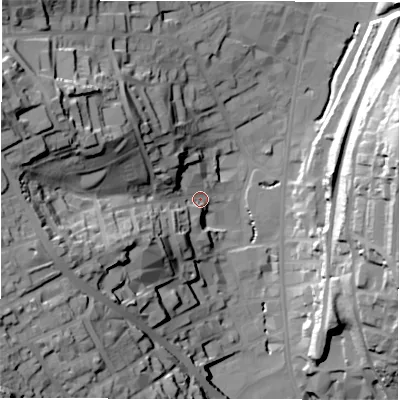 Shaded relief map of the ground around WF132BJ, computed from Environment Agency LiDAR. The ground here sits at about 48 m above sea level and falls 58 m across the surrounding 800 m. Surface water reaching this point runs off ground lying to the west-north-west, 49.7 m higher.