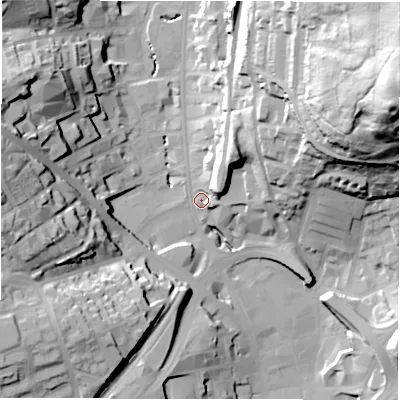 Shaded relief map of the ground around WF132DR, computed from Environment Agency LiDAR. The ground here sits at about 44 m above sea level and falls 79 m across the surrounding 800 m. Surface water reaching this point runs off ground lying to the east-north-east, 76.4 m higher.