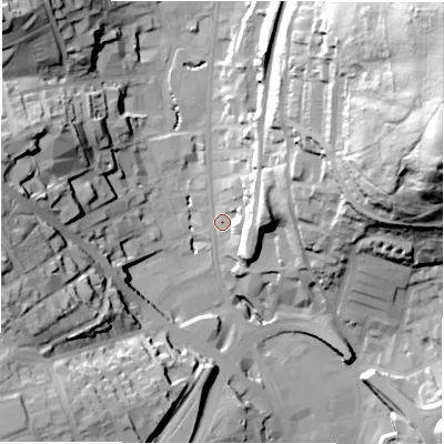 Shaded relief map of the ground around WF132DU, computed from Environment Agency LiDAR. The ground here sits at about 45 m above sea level and falls 78 m across the surrounding 800 m. Surface water reaching this point runs off ground lying to the east, 12.1 m higher.