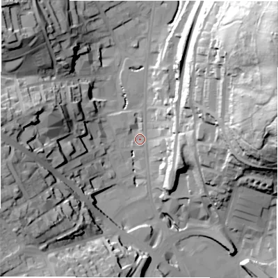Shaded relief map of the ground around WF132EB, computed from Environment Agency LiDAR. The ground here sits at about 43 m above sea level and falls 72 m across the surrounding 800 m. Surface water reaching this point runs off ground lying to the north-east, 69.1 m higher.