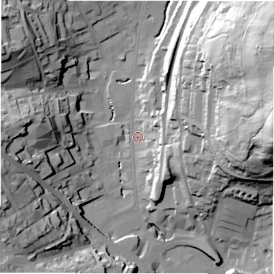 Shaded relief map of the ground around WF132EF, computed from Environment Agency LiDAR. The ground here sits at about 44 m above sea level and falls 77 m across the surrounding 800 m. Surface water reaching this point runs off ground lying to the east, 69.7 m higher.