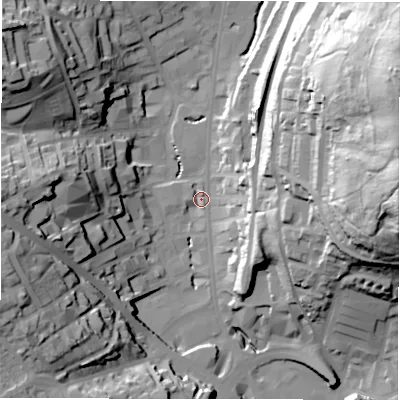 Shaded relief map of the ground around WF132EG, computed from Environment Agency LiDAR. The ground here sits at about 43 m above sea level and falls 72 m across the surrounding 800 m. Surface water reaching this point runs off ground lying to the north-west, 42.7 m higher.