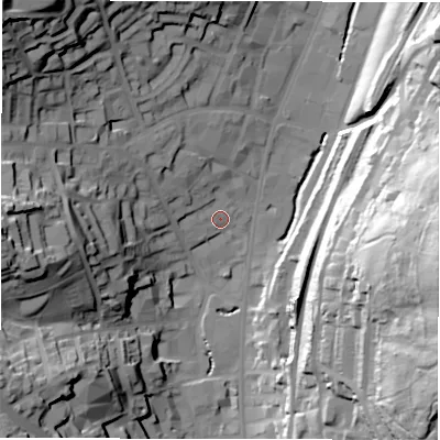 Shaded relief map of the ground around WF132ES, computed from Environment Agency LiDAR. The ground here sits at about 47 m above sea level and falls 66 m across the surrounding 800 m. Surface water reaching this point runs off ground lying to the west, 39.4 m higher.
