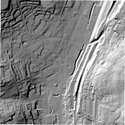 Shaded relief map of the ground around WF132ET, computed from Environment Agency LiDAR. The ground here sits at about 46 m above sea level and falls 73 m across the surrounding 800 m. Surface water reaching this point runs off ground lying to the north-west, 45.3 m higher.