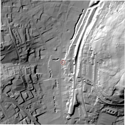Shaded relief map of the ground around WF132EW, computed from Environment Agency LiDAR. The ground here sits at about 45 m above sea level and falls 74 m across the surrounding 800 m. Surface water reaching this point runs off ground lying to the east-north-east, 20.8 m higher.